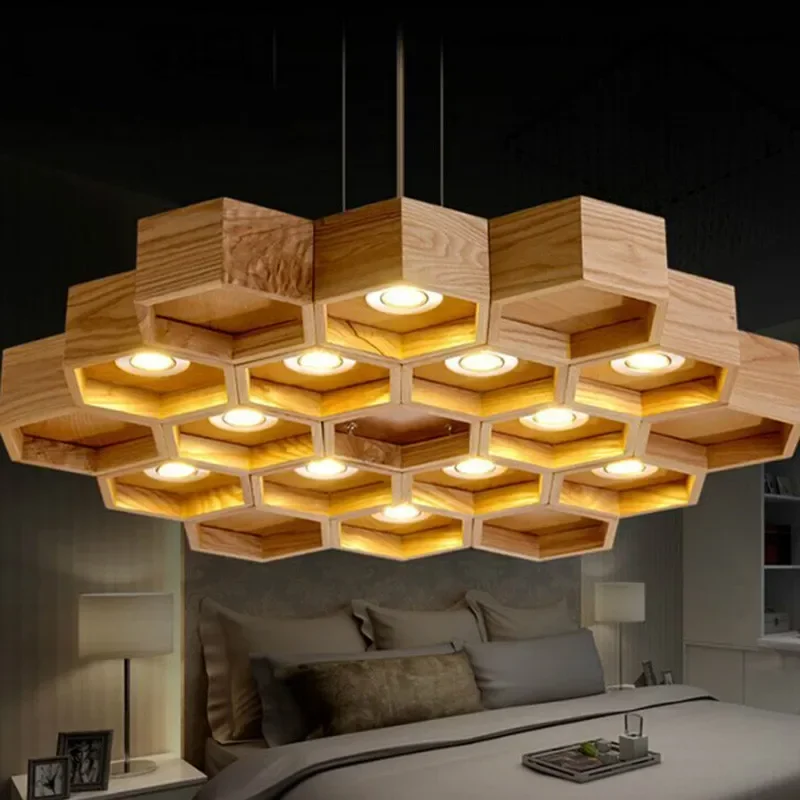 Wood  LED Modern Pendant Lamp Indoor Dining Room Foyer Home Adornment  Light 110-240V