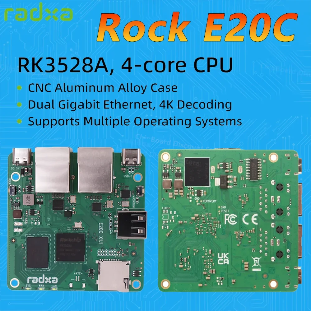 

Radxa E20C Single board/ Aluminum Alloy Case 4-core CPU Dual Gigabit Ethernet,CNC 4K Decoding