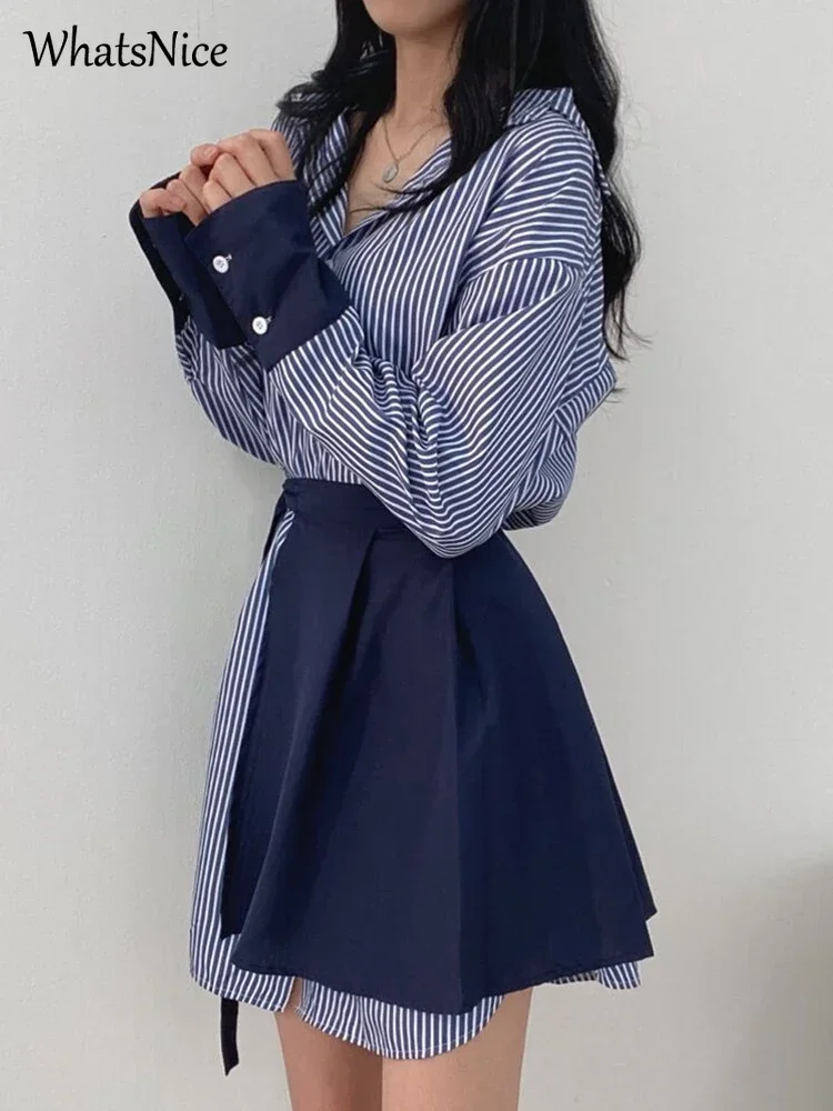 2022 new korean fashion 2 piece set woman dress Lady casual stripe dresses women female shirt dress Dropshipping Cheap wholesale