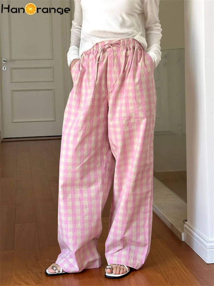 HanOrange 2024 Summer Fashion Pink Plaid Wide Legs Pants Women Elastic Loose Pure Cotton Trousers Pink