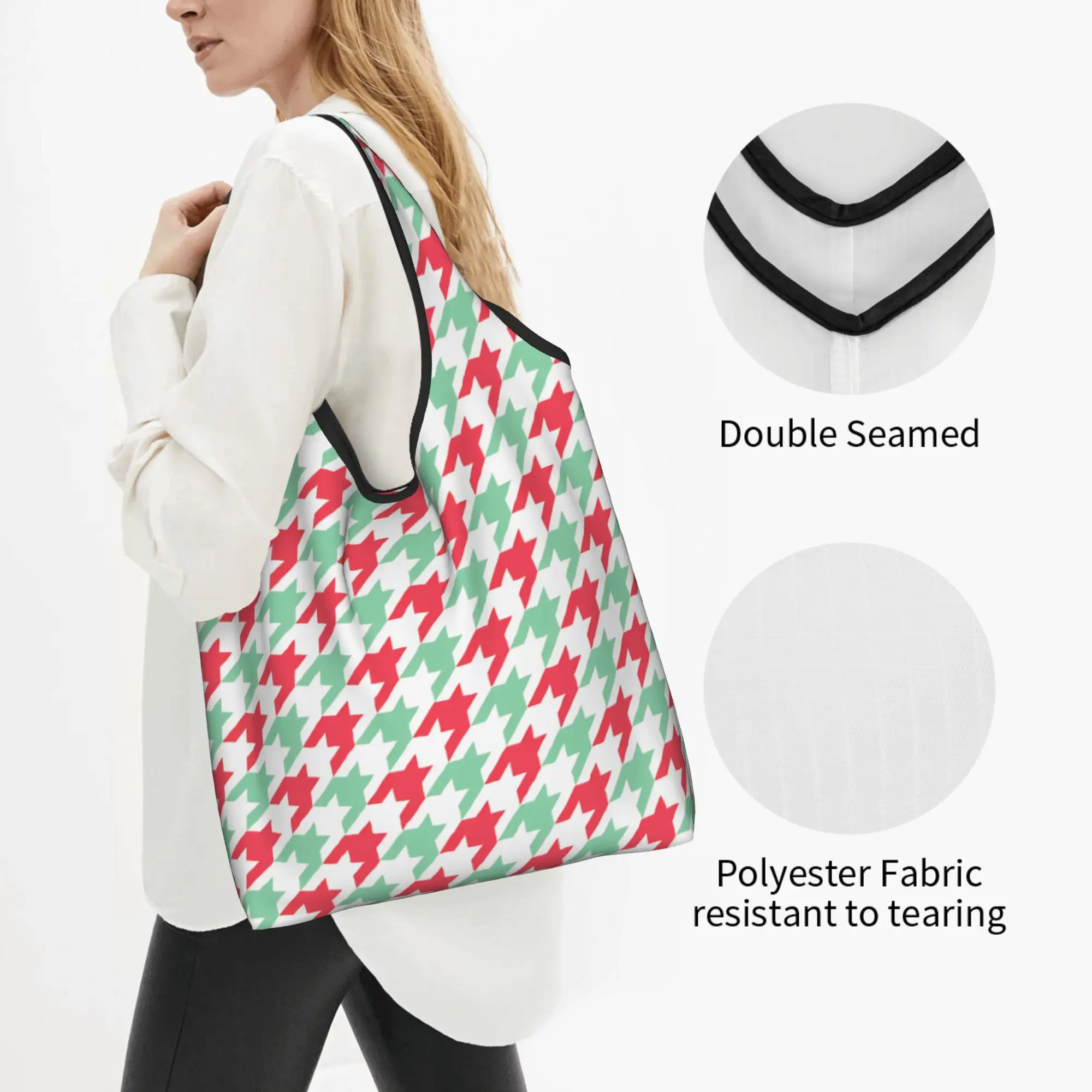 Recycling Christmas Mint Houndstooth  Shopping Bag Women Tote Bag Portable Dogstooth Geometric  Grocery Shopper Bags