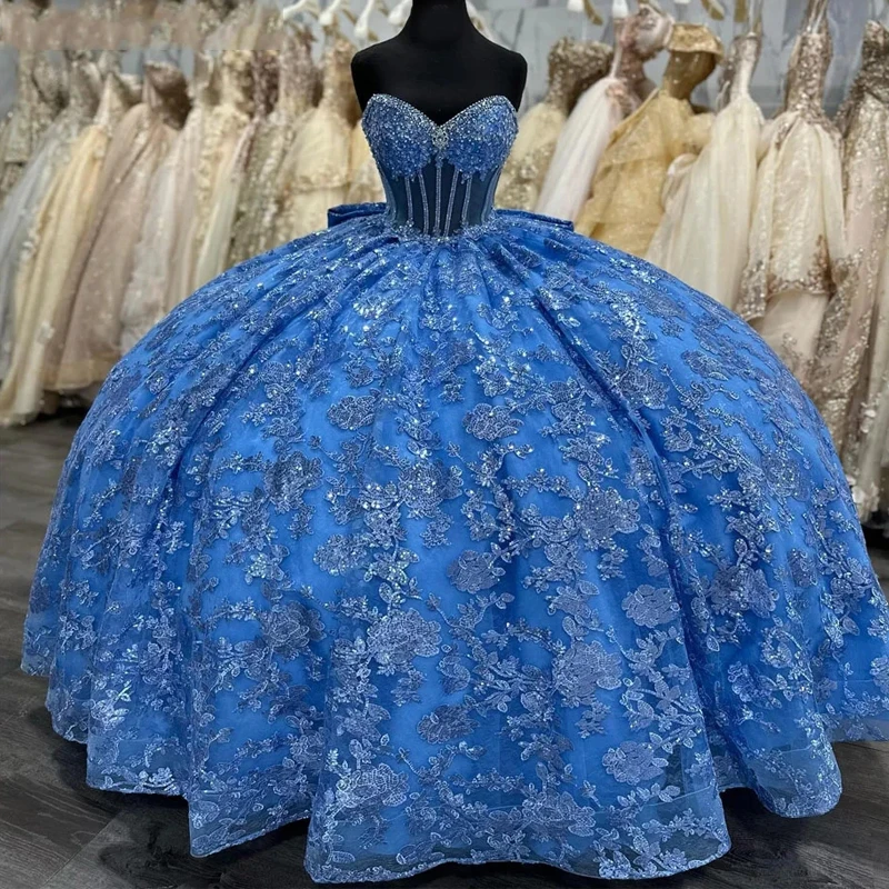 

Синие Блестящие платья для Quinceanera, кружевные бусины с аппликацией для 16 вечерние, официальное платье, бальное платье для 16 дней рождения, платья принцессы 15 de