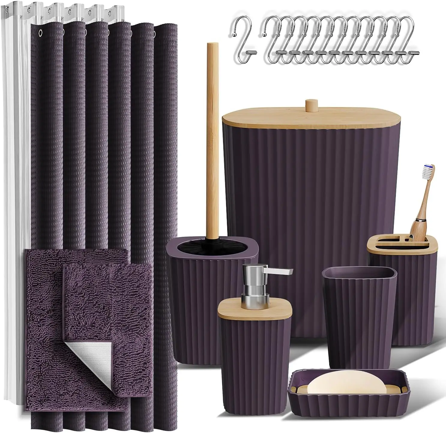 

Purple Bathroom Set with Shower Curtain, Rugs, and Trash Can - 22-Piece Accessories for a Complete Decor