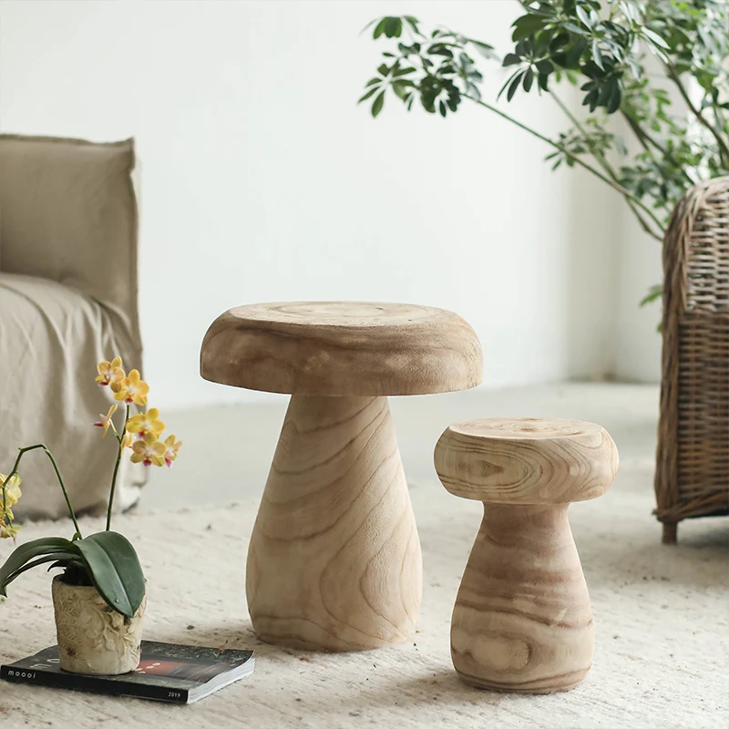 Nordic Creative Mushroom Stool Sofa Side Table Solid Wood Retro Living Room Floor-Standing Ornament Mini Coffee Table