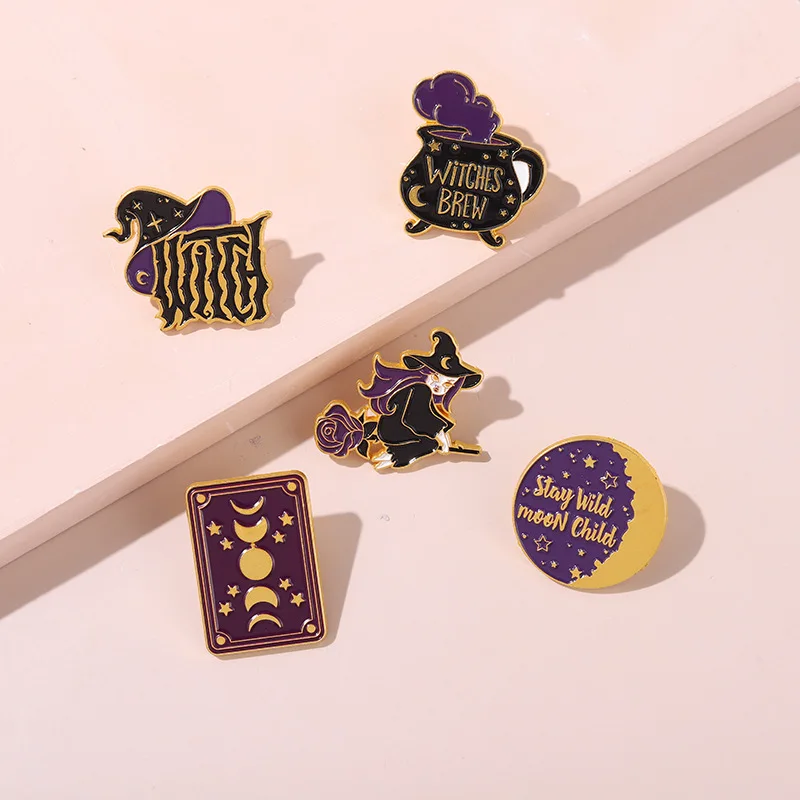 Witch Enamel Pin Witchcraft Brooch Tarot Cards Moon Phase Witches Hat Metal Badges Bag Clothes Pins Up Holloween Jewelry