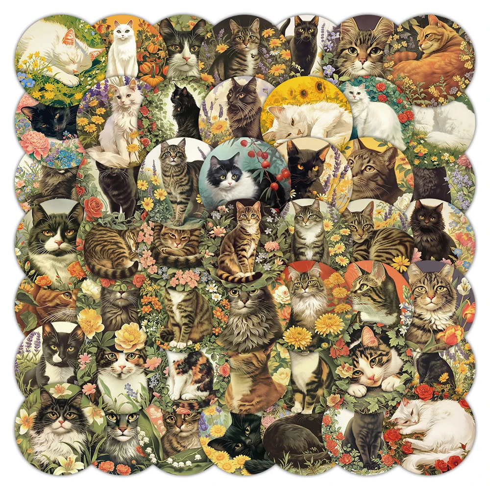 

10/30/50pcs Kawaii Cat Cartoon Stickers Vintage Flower Decals Decoration DIY Water Bottle Laptop Phone Graffiti Sticker Kids Toy