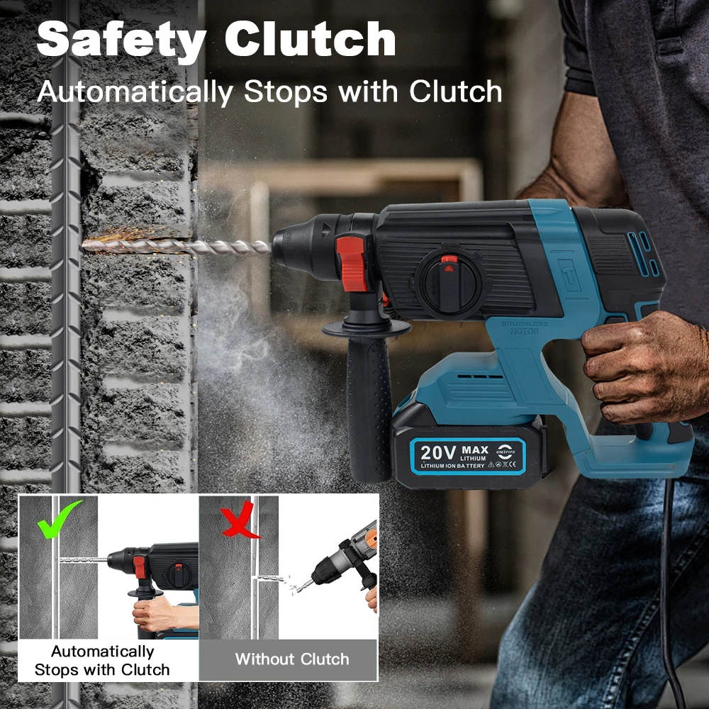 26MM Brushless Electric Heavy Duty Hammer Multifunctional Rotary Cordless Rechargeable Impact Drill for Makita 18V Battery