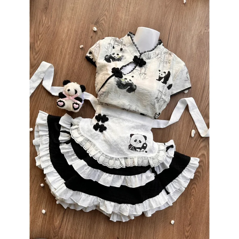 Cute Sweet Chinese Panda Print Top High Waist Slimming Fluffy Cake Skirt Maid Apron 3 Piece Set 2025 Spring Women Chic Clothing