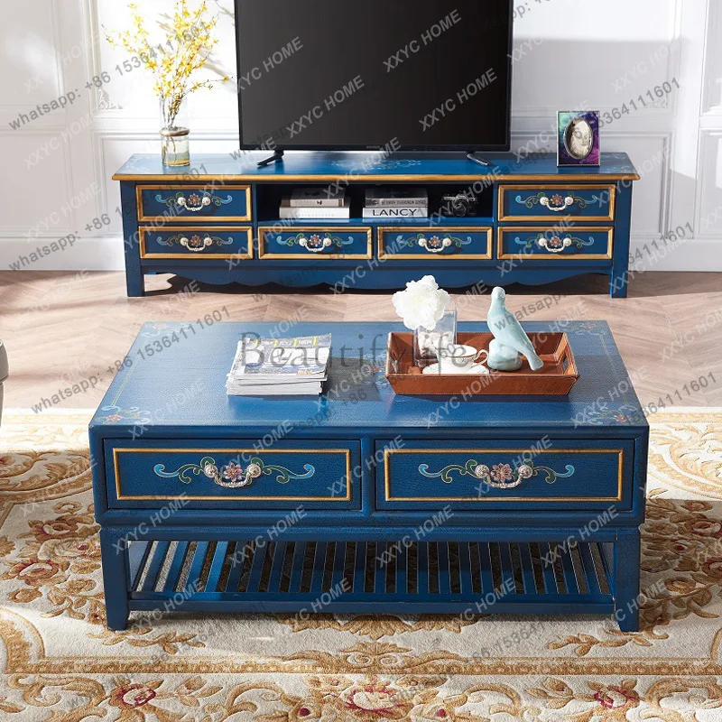 light luxury blue TV cabinet large coffee table living room floor audio-visual cabinet retro hand-painted furniture