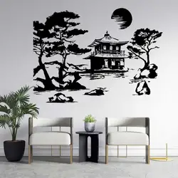 Asia Japan Culture Nature Pagoda Building Tree Vinyl Wall Sticker Tea House Man Cave Home Bedroom Decor Decal Unique Gift R18