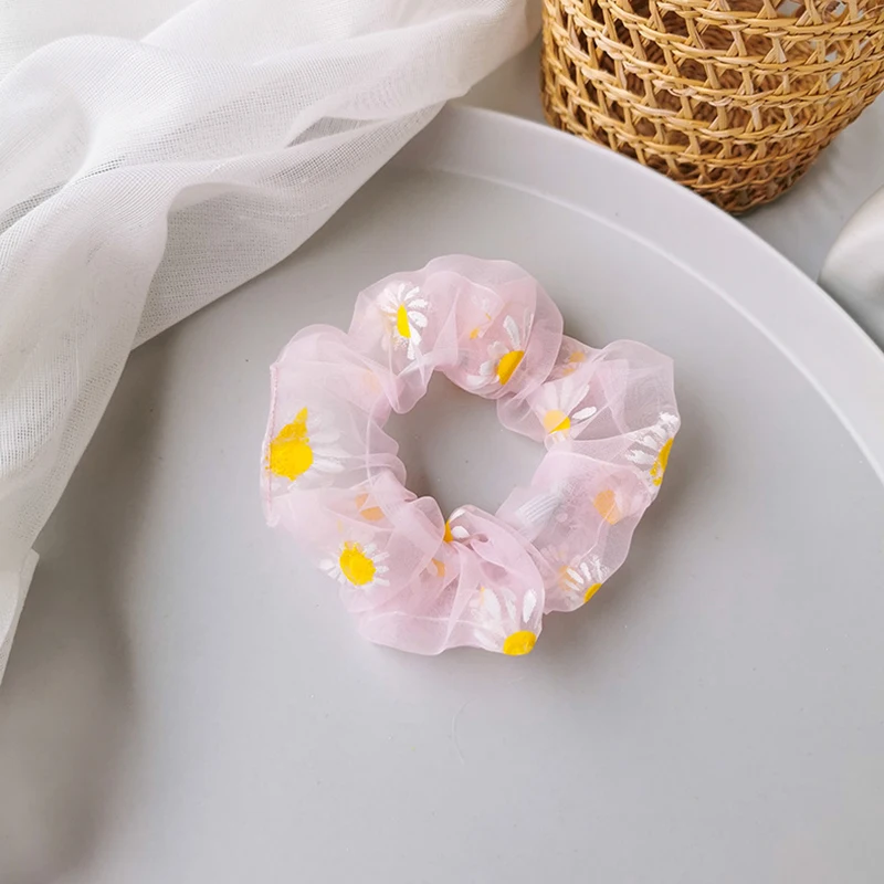 Small Daisy Print Hair Ring Soft Organza Scrunchie Net Yarn Elastic Hair Accessories Women Girls Rubber Bands Simple Headwear