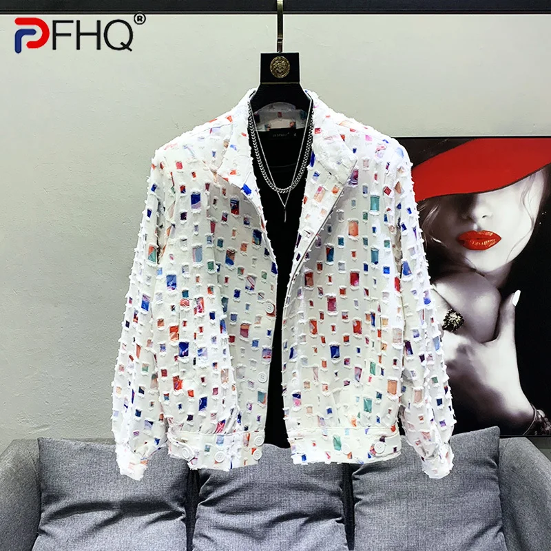 PFHQ Tide Jackets For Men's Loose Hollow Out Streetwear Personality Design Cool Outdoor Single Breasted Autumn Chic Coat 21F3411