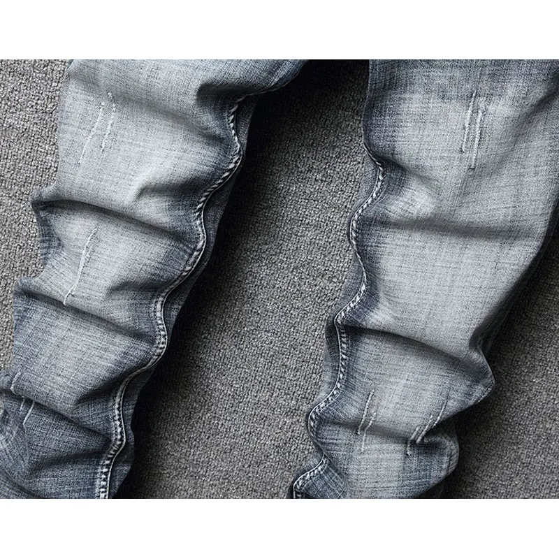 Fashion Designer Men Jeans High Quality Retro Blue Gray Stretch Slim Fit Ripped Jeans Men Embroidery Vintage Denim Pants Hombre