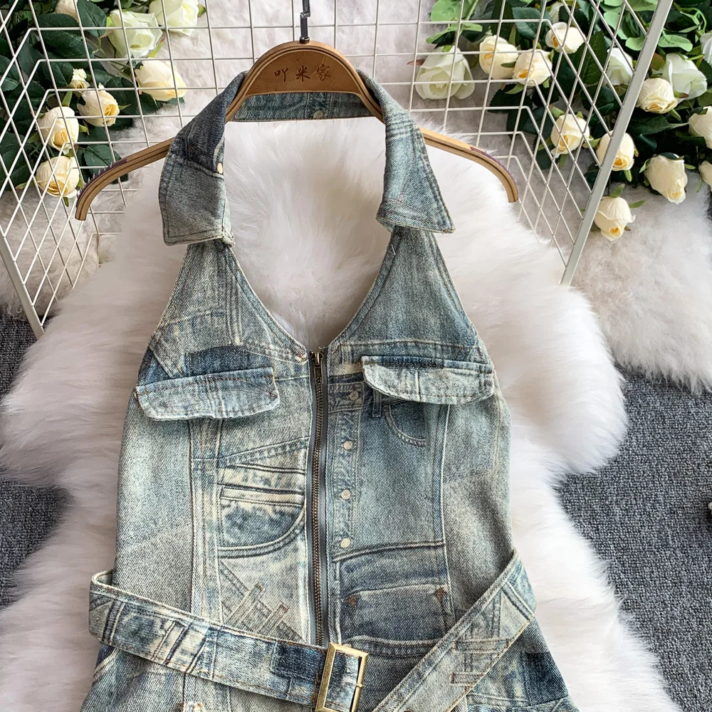 Abito corto estivo in denim vintage per donna Taglio a onde blu Streetwear Casual Mini abiti per uscire Chic 2025 Nuovo