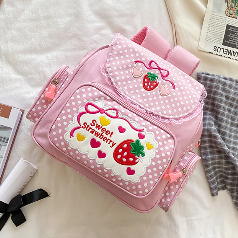 حقيبة مدرسية للأطفال من Pink Girl مطرزة بشكل لطيف على شكل فراولة متعددة الجيوب من النايلون للكلية العصرية للفتيات المراهقات