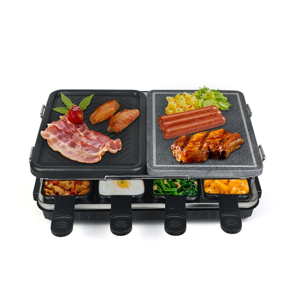 

Dual Raclette Table Grill w Non-Stick Grilling Plate & Cooking Stone- 8 Person Electric Tabletop Cooker for Korean BBQ- Melt Che