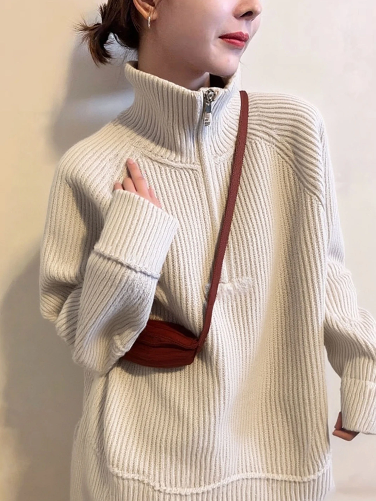 

Commute Friendly Thiened Oversized Camere Sweater Winter Design Sense Overhead Knitted Soft Long Sve Women's Top