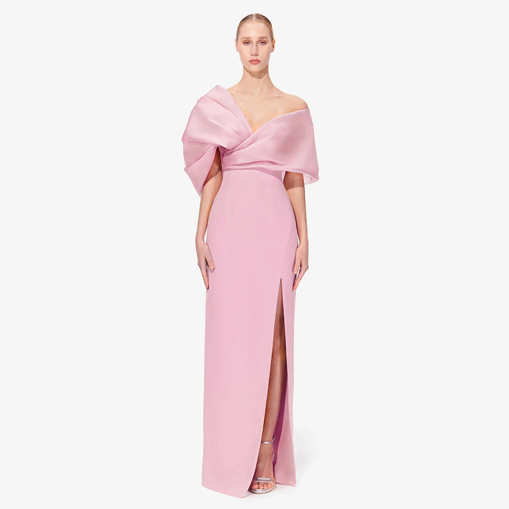 

Pink Women's Evening Dress Floor Length Formal Party Gown Mermaid Off The Shoulder Prom Dress Slit Sleevelss Saudi Dress