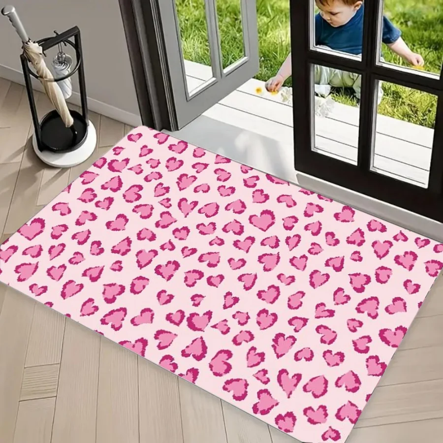 Pink Leopard Print Area Rug Carpet, Non Slip Floor Mat, Stylish Faux Fur Cheetah Pattern Washable Front Door Doormat, Anti-Skid