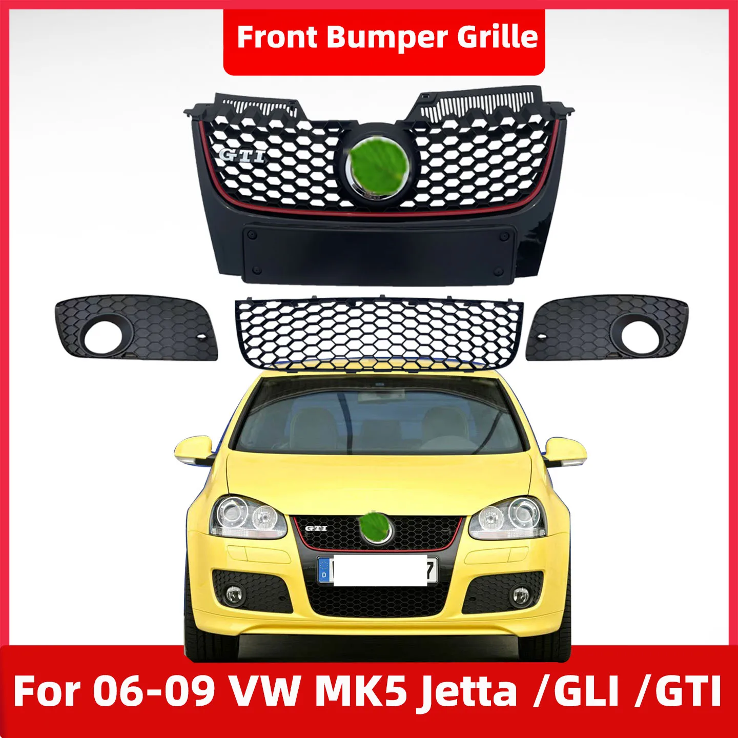 

Set of 3 For 06-09 VW MK5 Jetta /GLI /GTI Front Bumper Grille Honeycomb Style