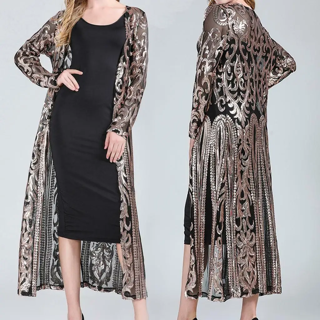 Womens Long Sequin Open Front Cardigan Coat Mesh Sheer Jacket Tops for Party