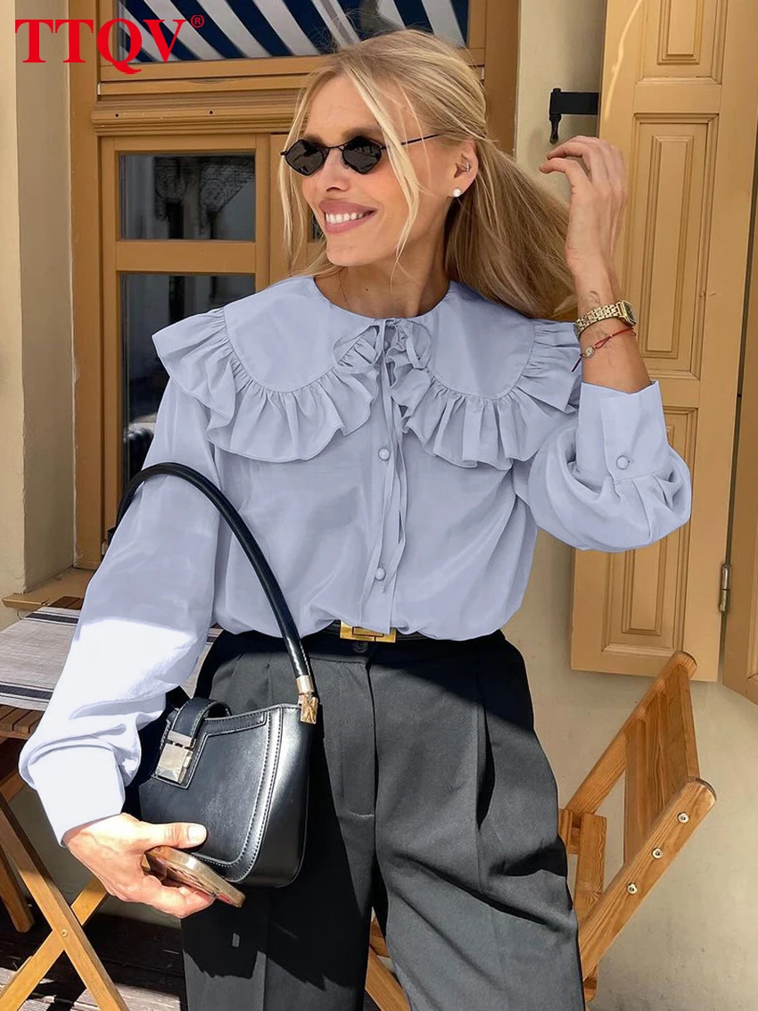 

TTQV Fashion Loose Blue Cotton Office Women's Blouse Autumn Lapel Long Sleeve Shirt Elegant Classic Ruffles Top Female Clothing
