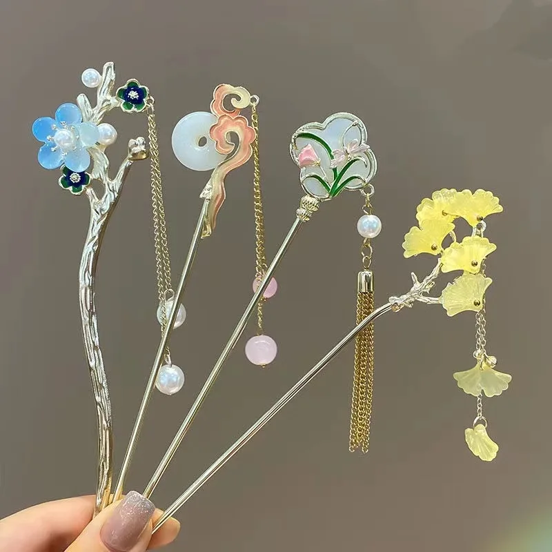 

POPACC Temperament Ginkgo Leaf Tassel Hair Sticks Women Simple Coiled Hairpin Chinoiserie Style Headwear Daily Decoration