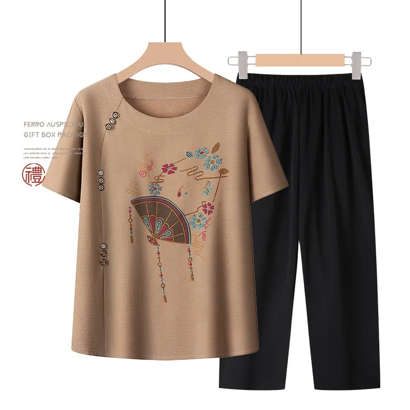 Conjunto de pijama de dos piezas para madre de mediana edad, ropa de dormir de manga corta, Camiseta de cuello redondo, verano, 2024