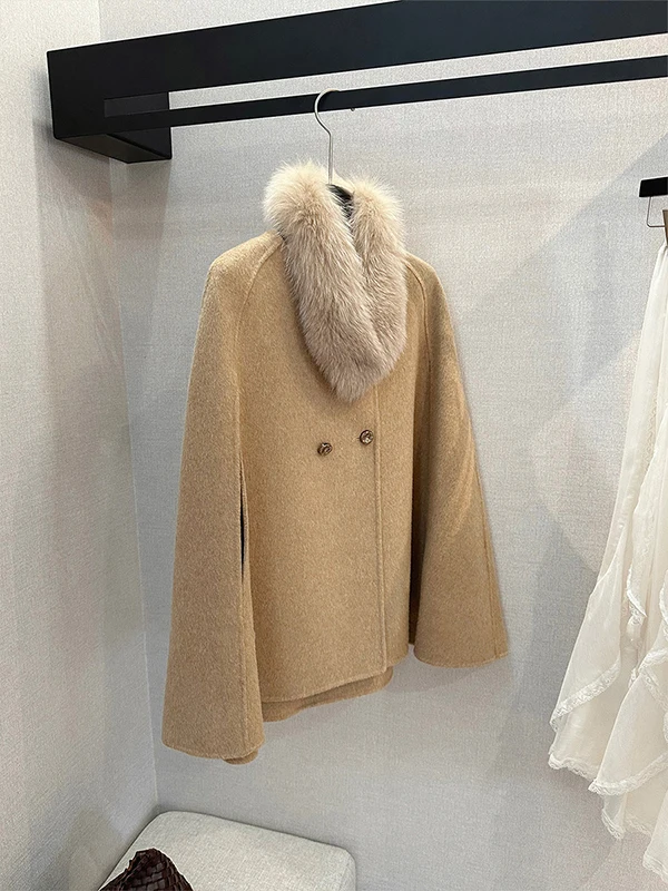 

Ele Double-Sided Camere Cloak Coat Women's Faion 2025 Fur Collar Small Size Woolen Outerwear Straight Cut Sle