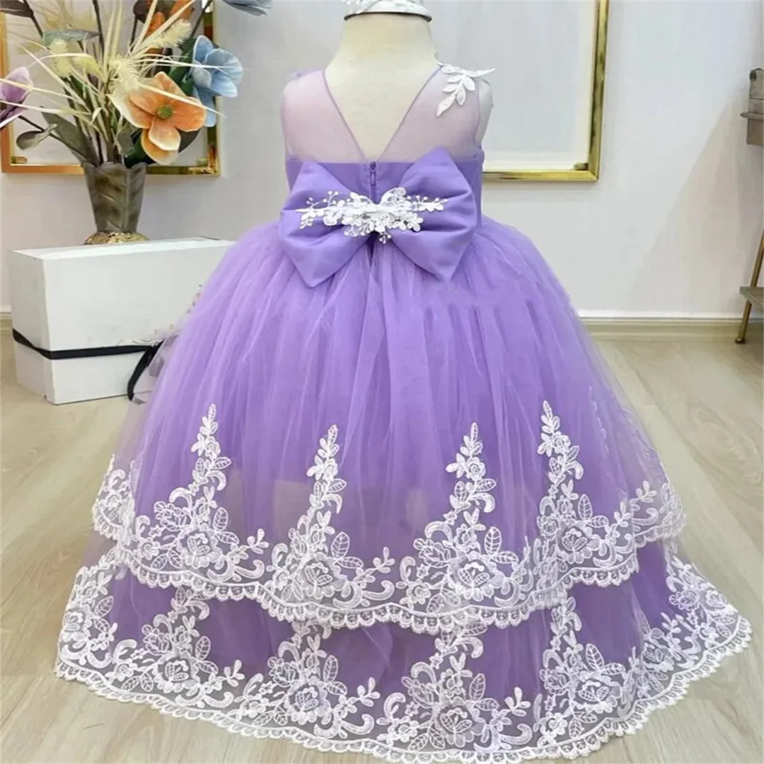 Apliques de encaje rosa para niños, vestidos de flores para niñas, cuello redondo, lazo sin mangas, tul escalonado, cumpleaños, graduación, vestidos de boda con tren