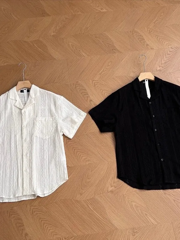 

2025 New Summer Heavy Embroidery Hollow out ort Sve Cuba Collar Casual irt Pure Color Versatile Comfortable Breathable...
