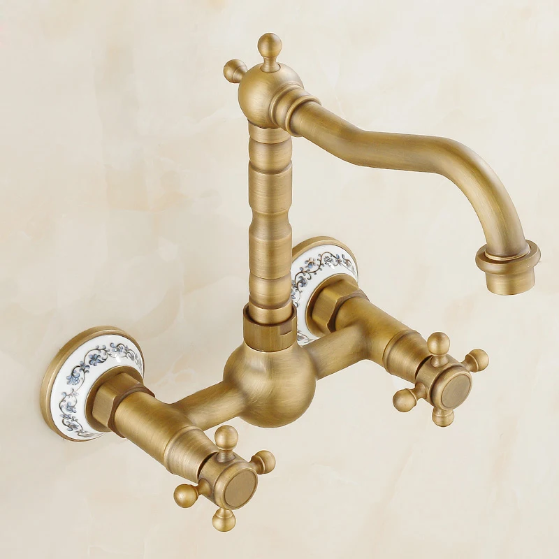 Imagem -03 - Antique Brass Dual Handle Basin Faucet Dual Hole Wall Mount Vaidade do Banheiro Pia da Cozinha Torneiras de Água Fria e Quente Dan023a