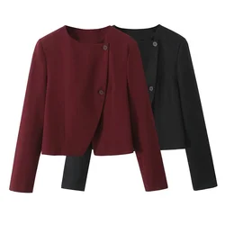 TRAF Autumn New Product Women's Small Fragrant Wind Round Neck Short Style Double breasted Long Sleeve Jacket Coat