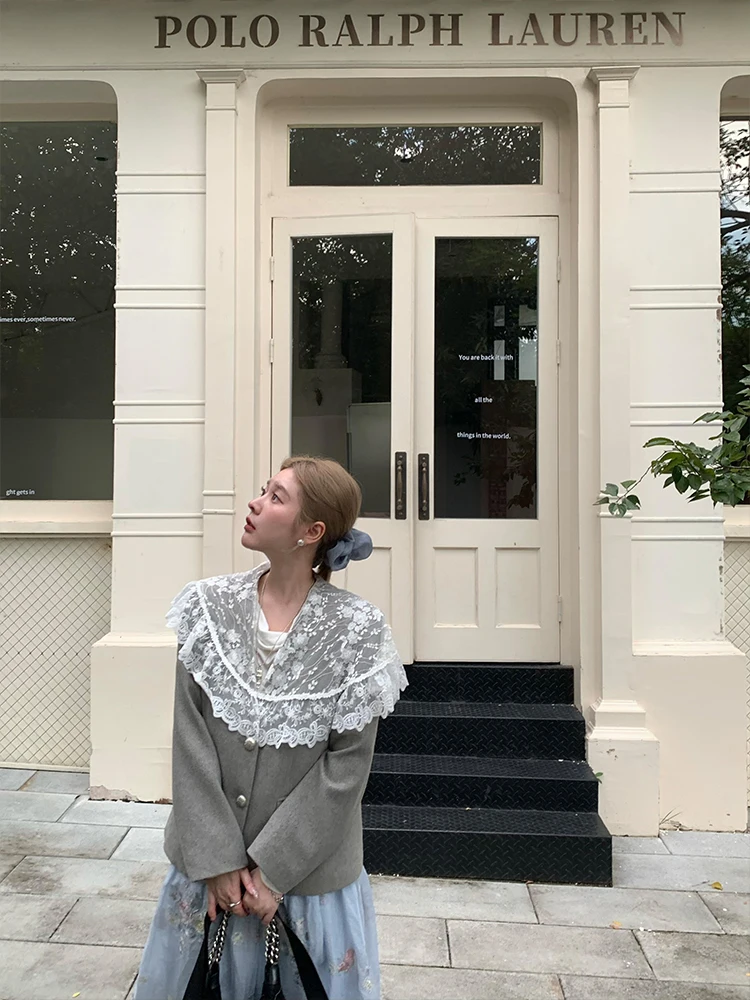 

Шерстяной пиджак с золотистым кружевным воротником, свободного кроя, в французском стиле, женская повседневная модная верхняя одежда от JC Vintage op