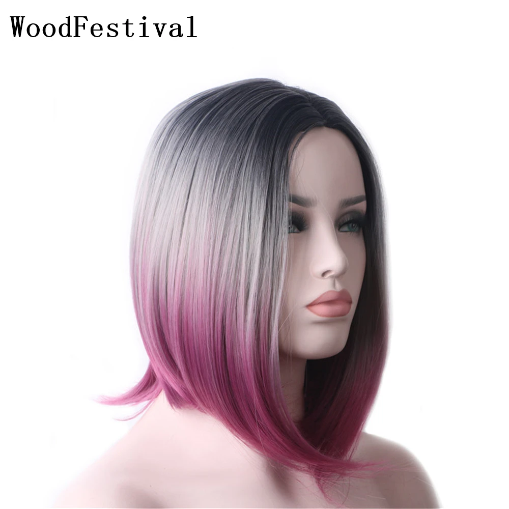 WoodFestival Synthetic Hair Wigs For Women Ombre Wig Short Straight Bob Party Halloween Harajuku High Temperature Fiber