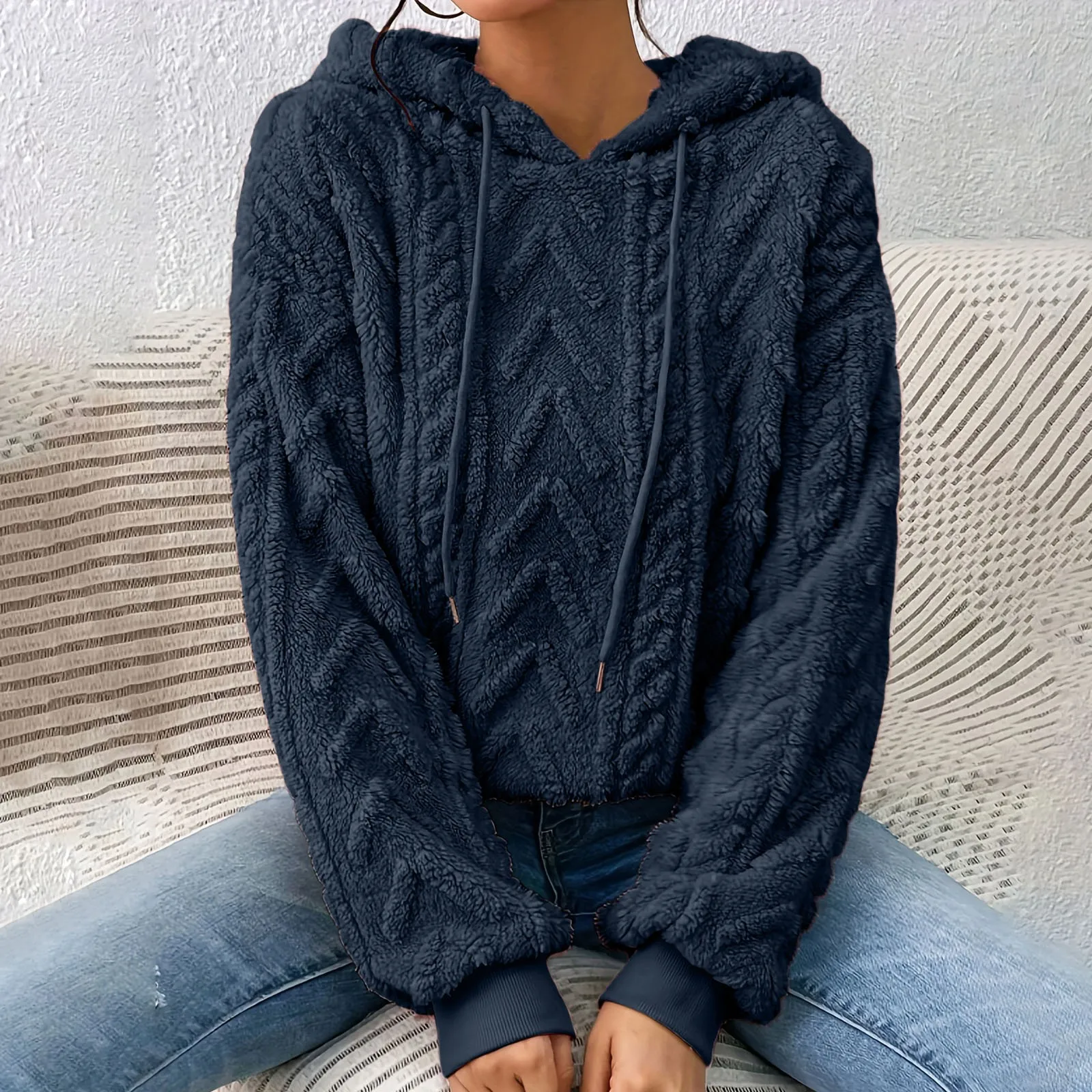 2024  Pullover Sweater Sweatshirts New Hot Selling Fashion Women's Comfortable Fuzzy Cable Texture Casual Pullovers Hoodies