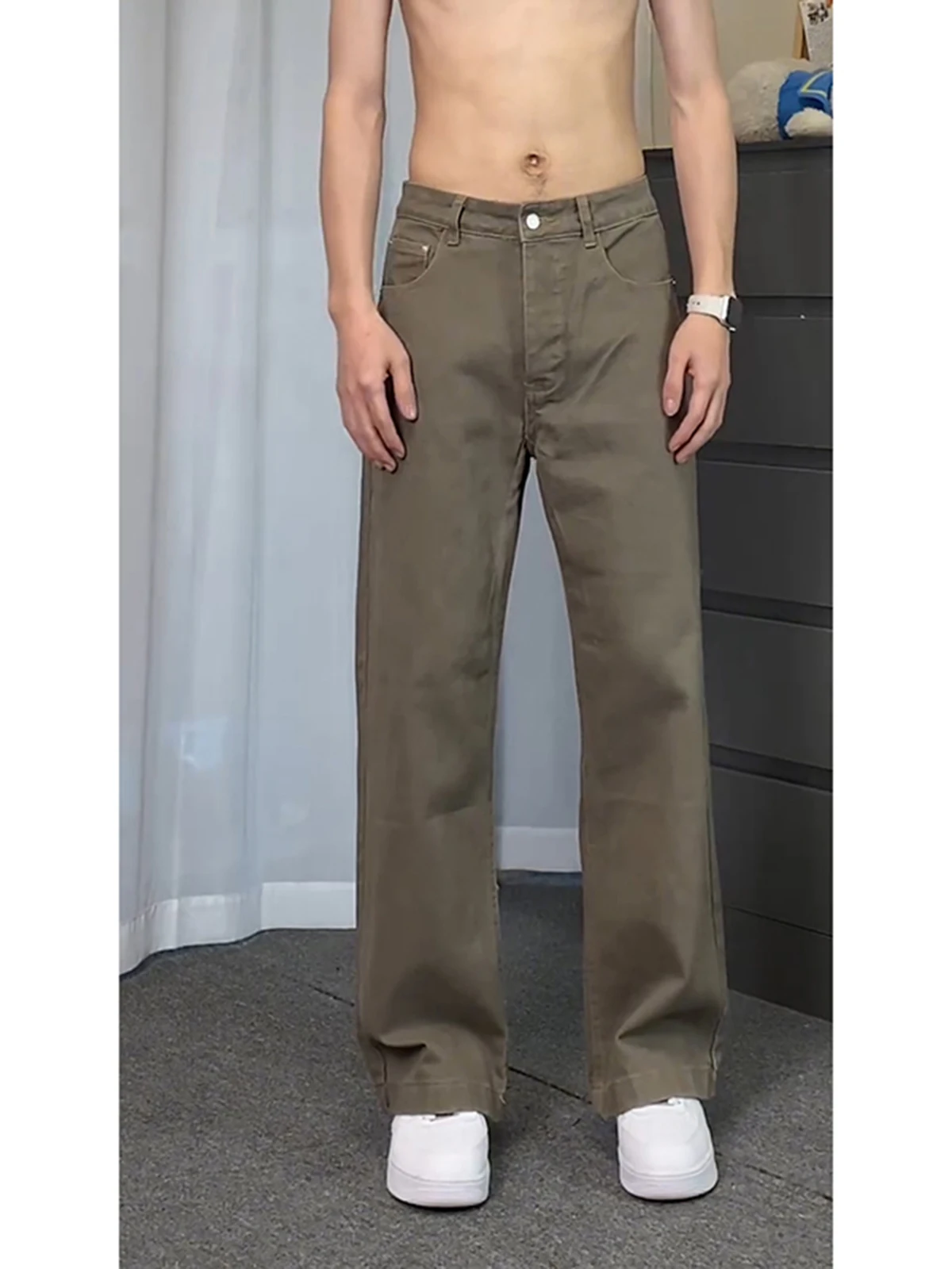 

Мужские джинсы American Sle кофейного цвета с высокой талией, прямые длинные брюки, износостойкие, слегка расклешенные, длинные штаны