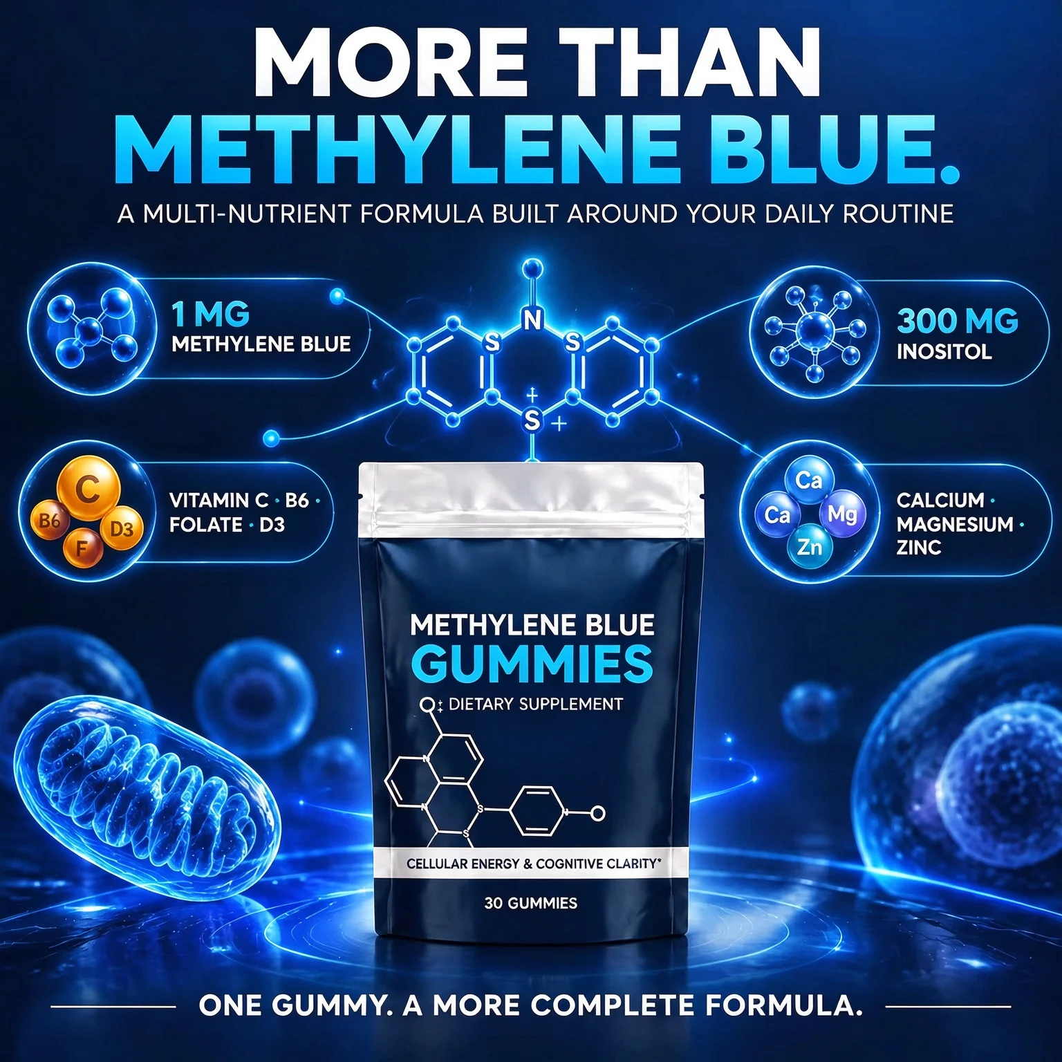Methylene Blue Chewable Gummies Cellular Energy Cognitive Clarity Inositol Multi Nutrient Dietary Supplement 30 Gummies