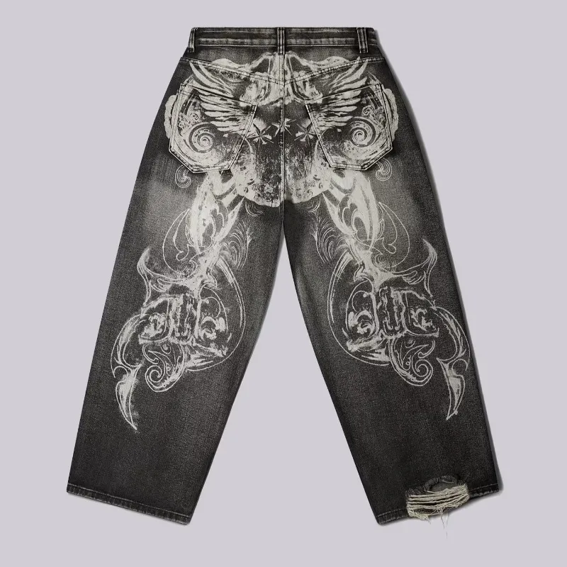 Y2K غسل أجنحة الحرية البيضاء النقية جينز فضفاض 2025 الصيف الاتجاه الطباعة نمط كبير التطهير السراويل سلسلة مختارة