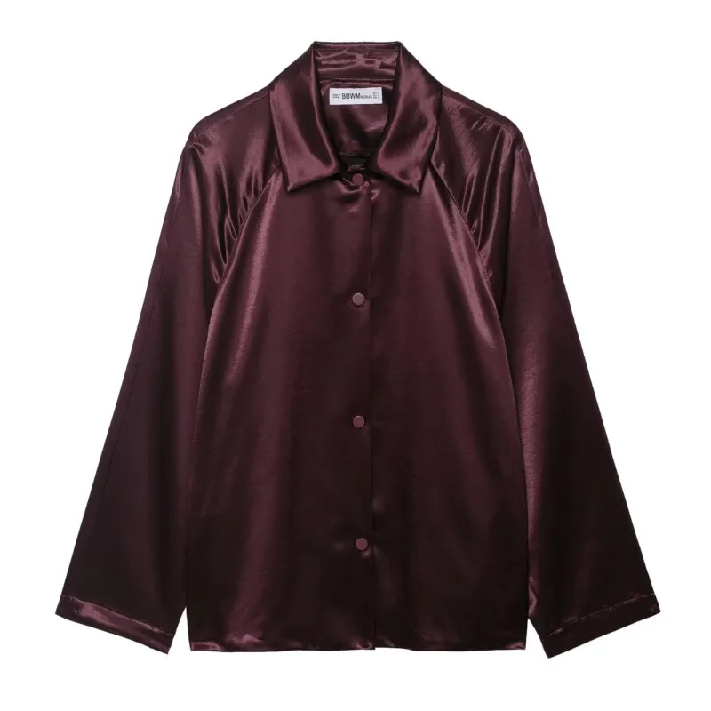 

Women Satin Jacket with Button Autumn Fashion Turn Down Collar Long Sleeve Straight Hem Pocket Jacket Causal Female Jackets