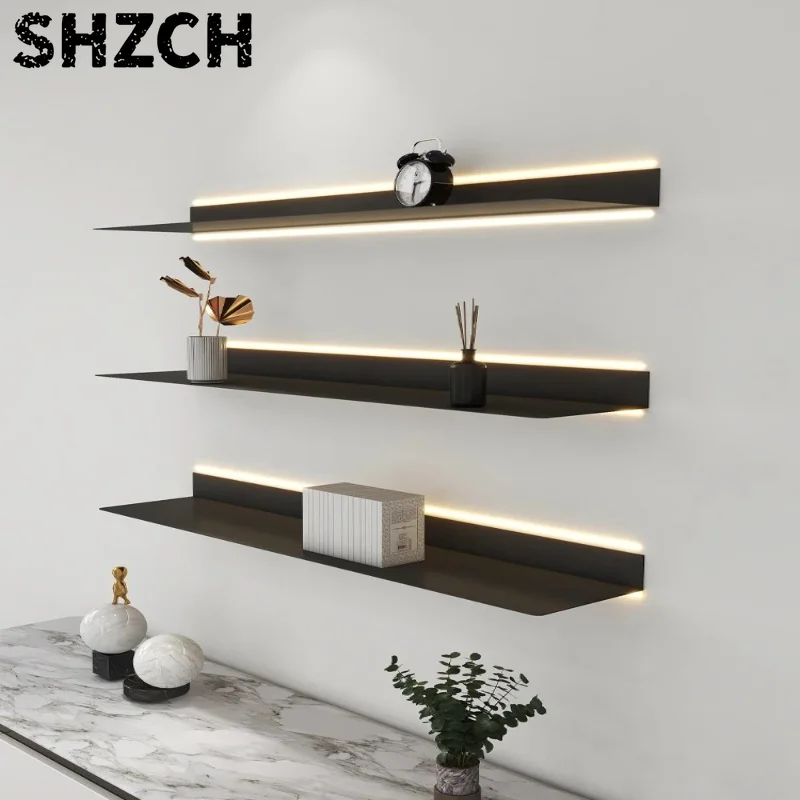 ‌LED Illuminated Metal Shelf Wall Mounted Floating Display Rack with Lights Industrial Style Hanging StorageforHome Office Decor