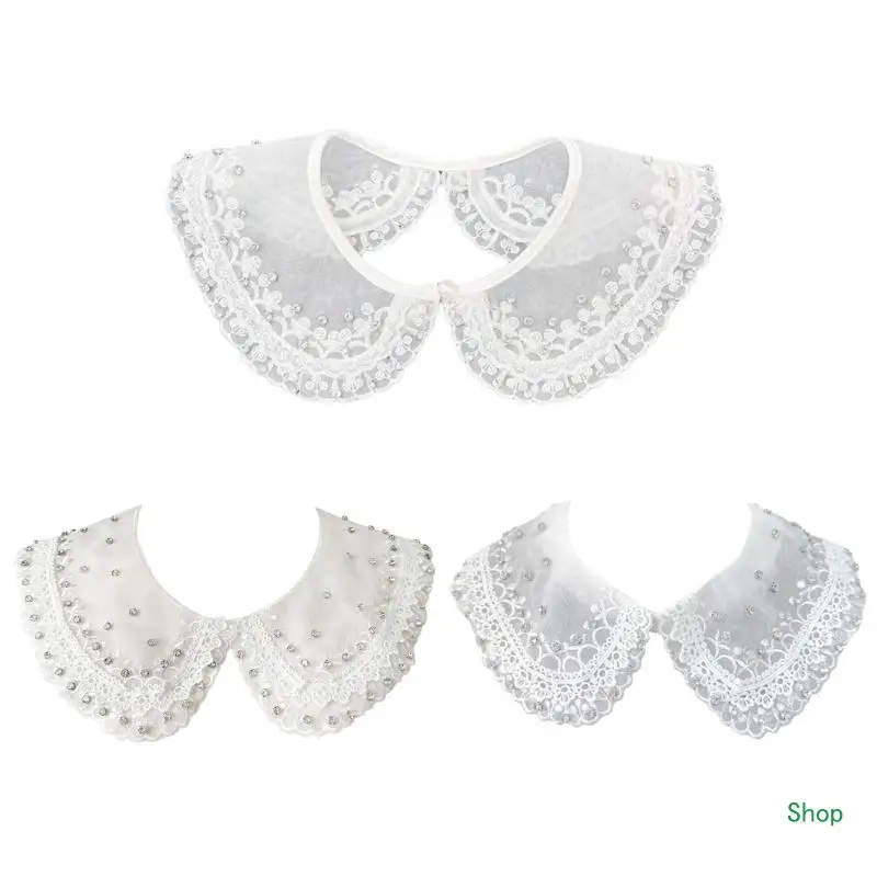 

Dropship Stylish Rhinestones Embellished Faux Collar for Women Blouse Multipurpose Shirt Accessory Lace Trim Organza False