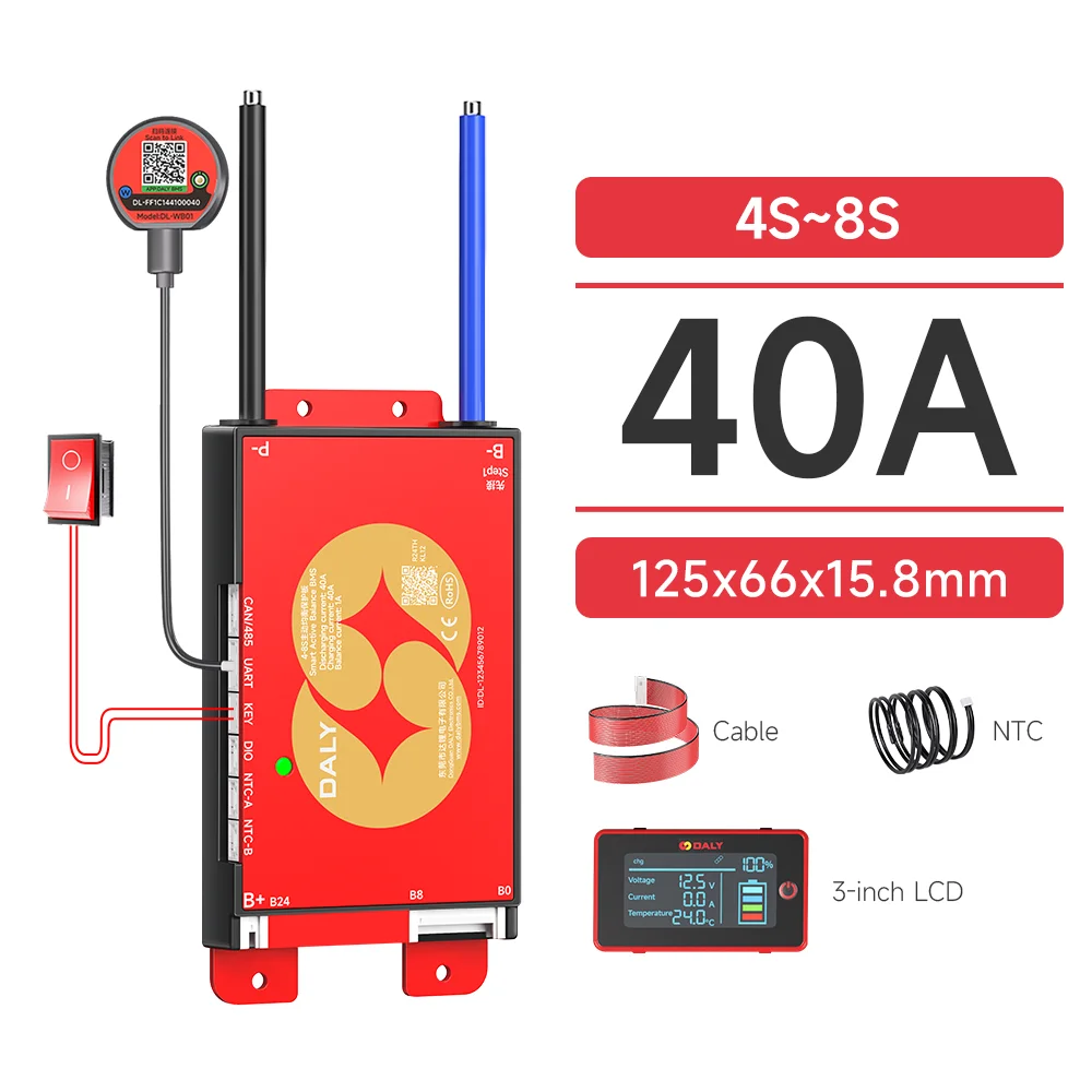 DALY Smart BMS 4S 8S 16S 40A 60A 100A 150A 200A 12V 24V 48V LiFePo4 1A Actieve Balancer BMS met LCD RS485 UART WIFI KEY