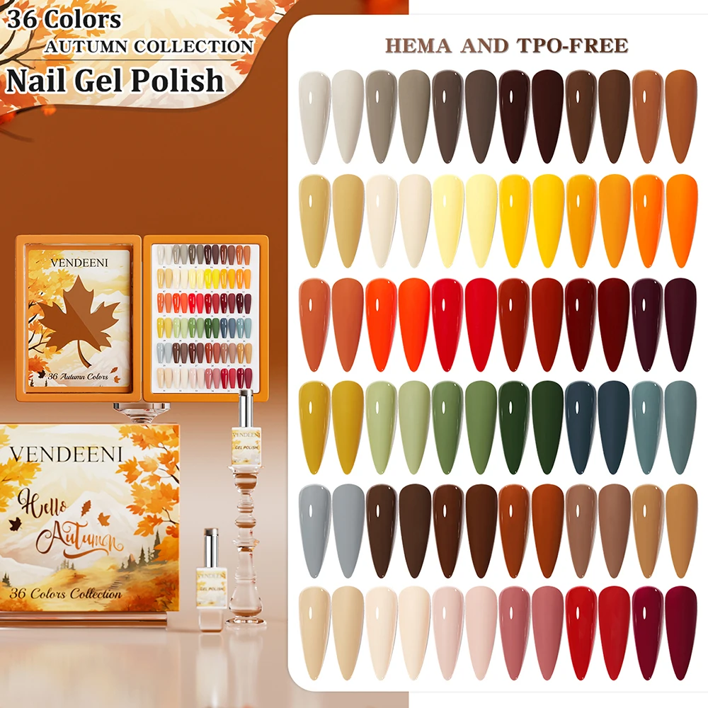 

Vendeeni 36 Colors/set Brown Yellow Autumn Pure Color Crystal Gel Nail Polish UV Manicure Varnish With Color Card TPO/HEMA FREE
