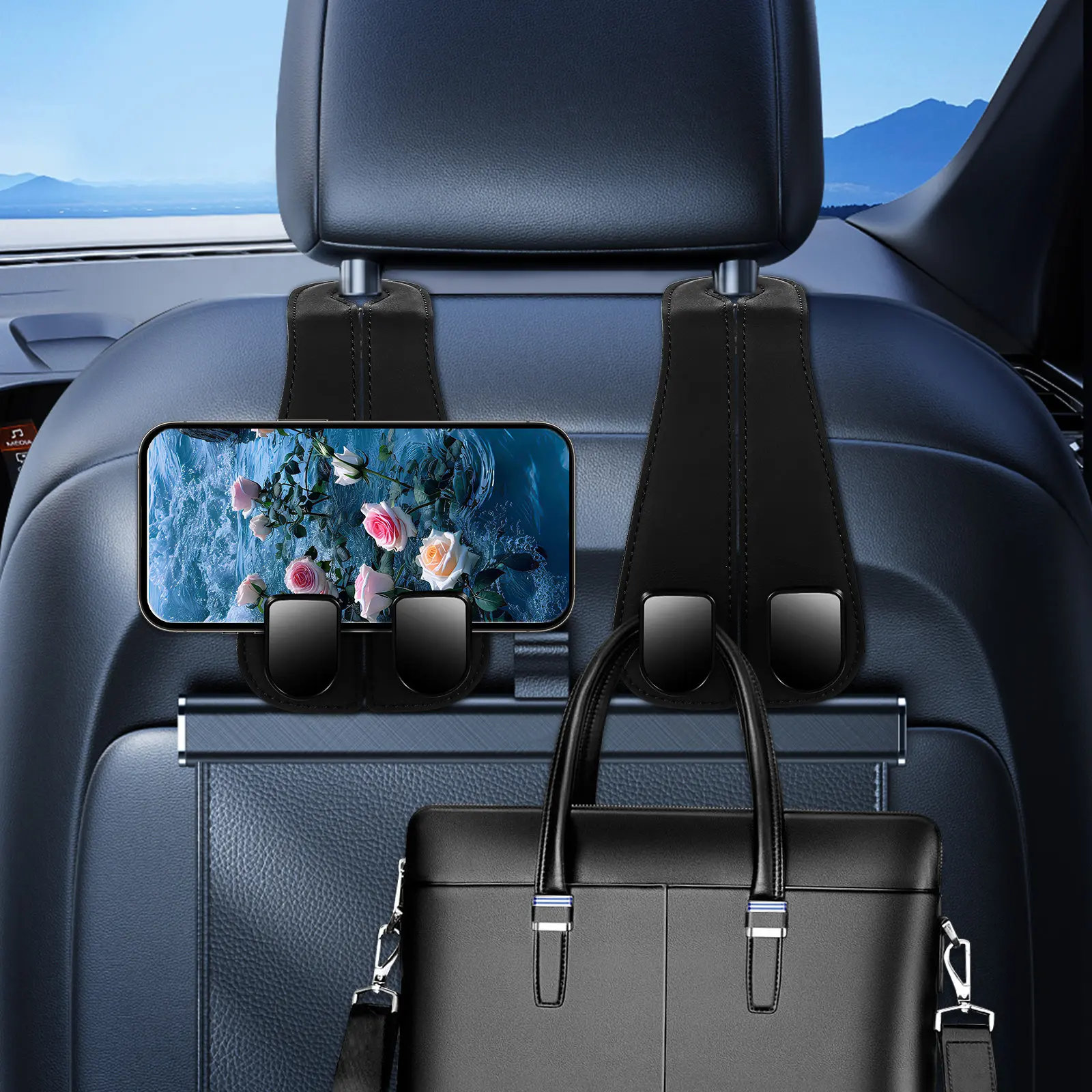 2 Peças Ganchos para Encosto de Carro, Organizador de Banco Traseiro, Ganchos Duplos para Bolsas, Suporte Compacto para Bolsas, Acessório Interno para