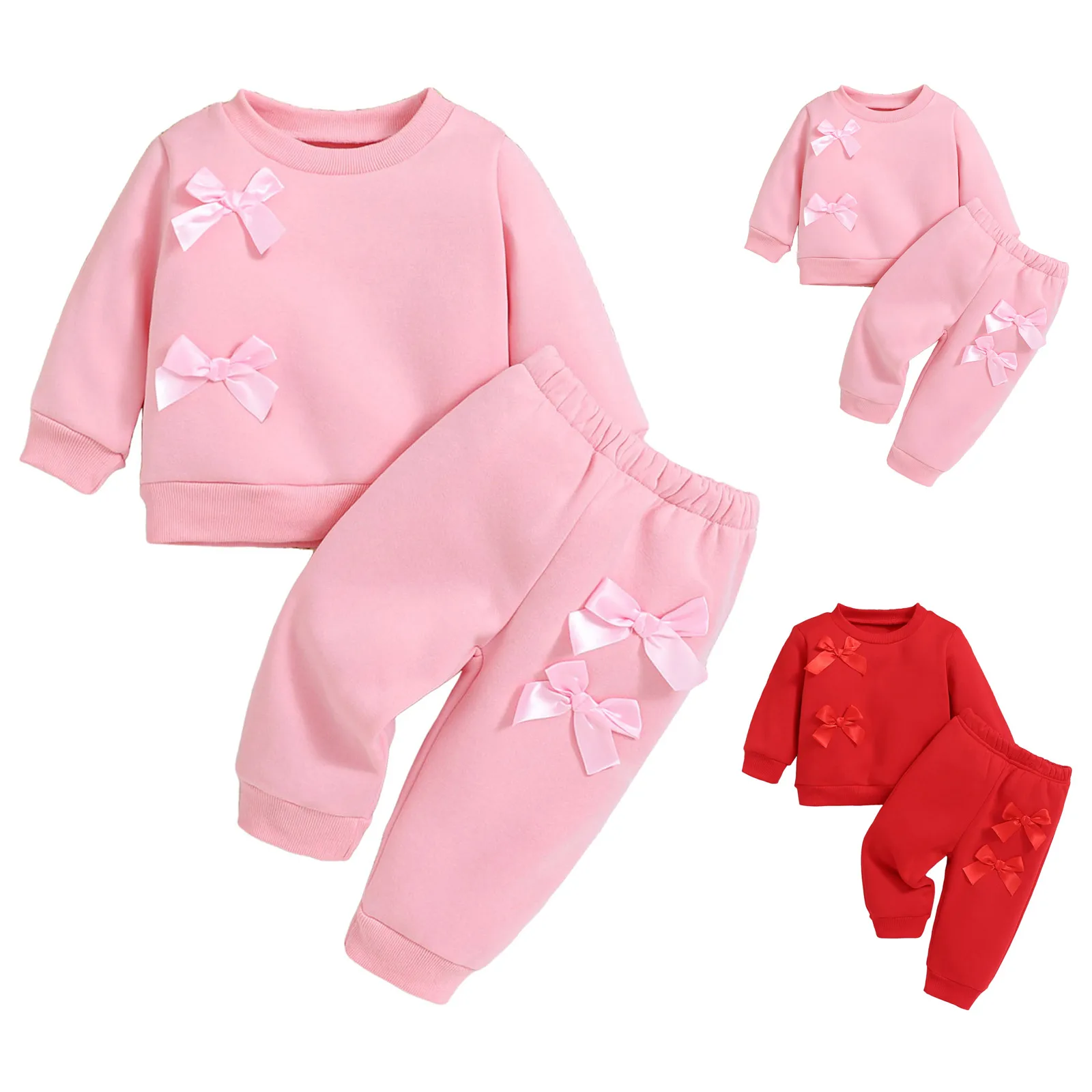 

Girls Sweatshirt Set Crew Neck Top Matching Pants Cute Bowknot Pink Soft Two Piece Set Casual Daily Outfit Sets ropa de niña