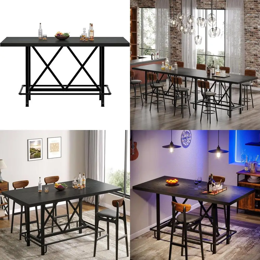 

Industrial Style Counter Height Pub Table with Metal Footrest, 63-Inch Recycled Wood Dining Table for Kitchen or Home Bar (Black