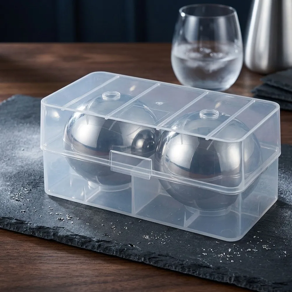 Metal Ice Balls 2 Pack 304 Stainless Steel for Whiskey Wine Cocktails Keeps Drink Cold Without Watering Down Storage Box