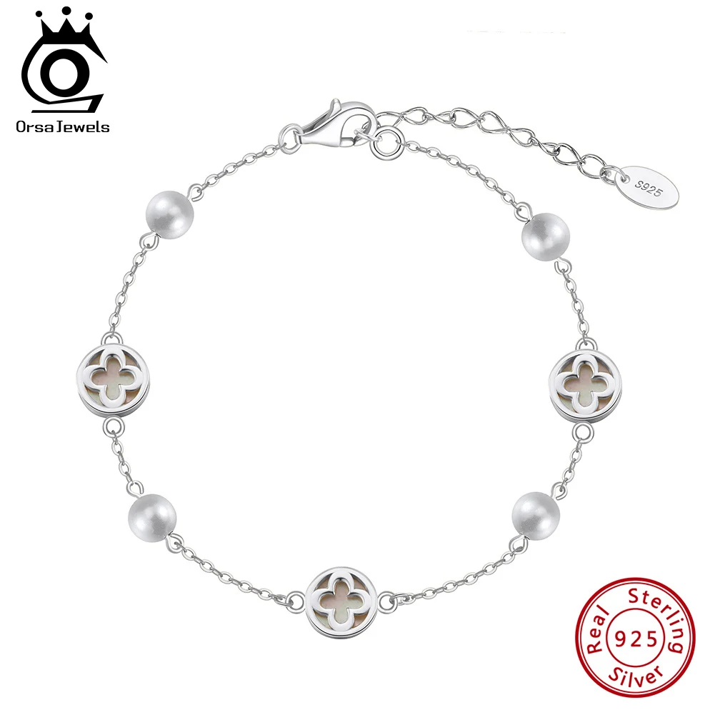

ORSA JEWELS Trendy 925 Sterling Silver Bracelet O-Chain Four-Leaf Clover With Shell Pearl Symbol Of Riches & Luck Present GMB70