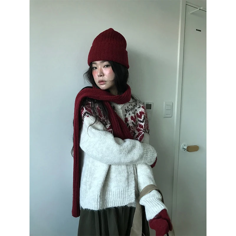 MEXZT-cárdigan de punto con estampado Vintage para mujer, suéter de manga larga Harajuku, prendas de vestir exteriores, prendas de punto holgadas coreanas, jerséis de Otoño Invierno